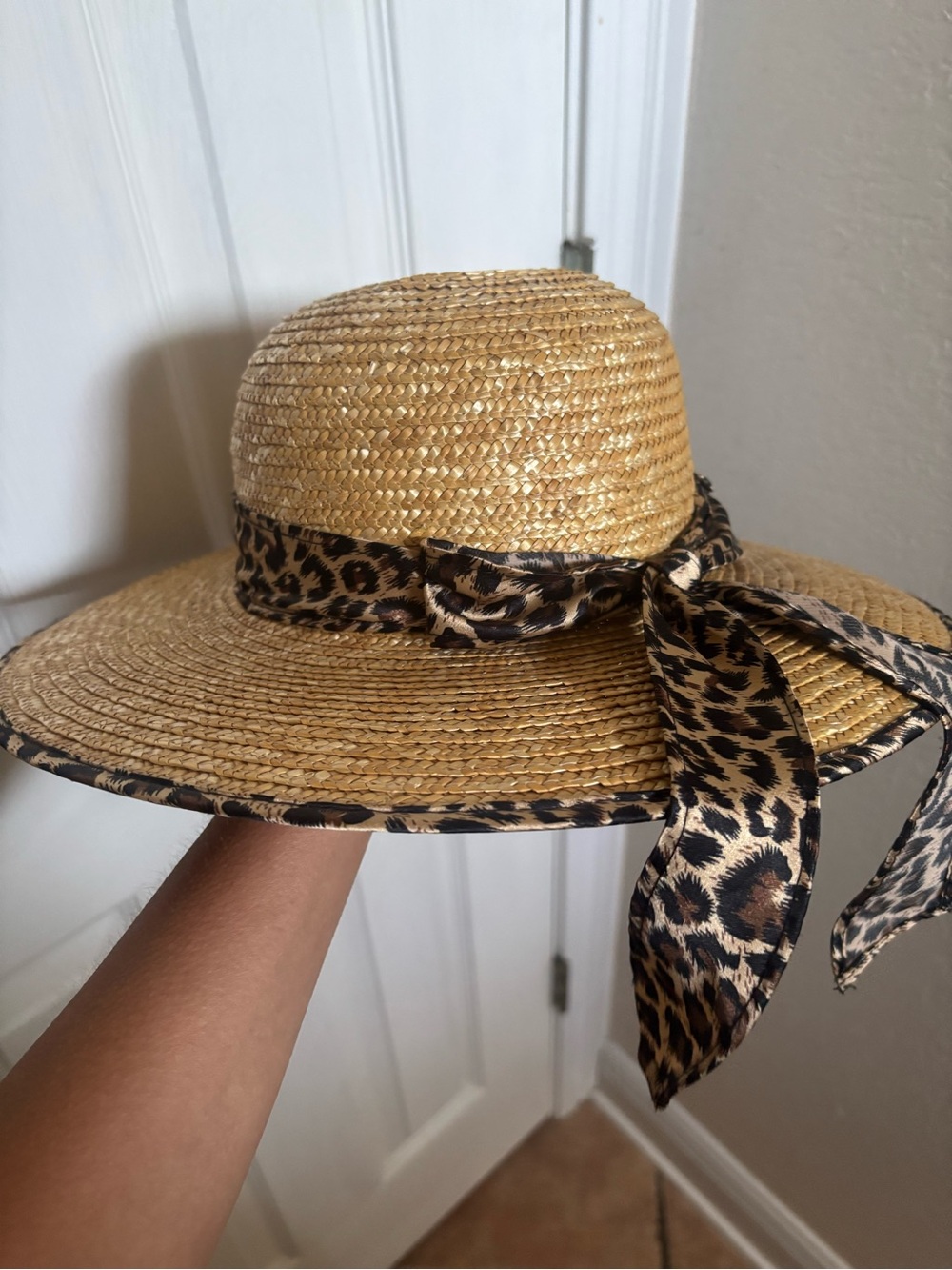 Straw Sun Hat with Leopard Bow